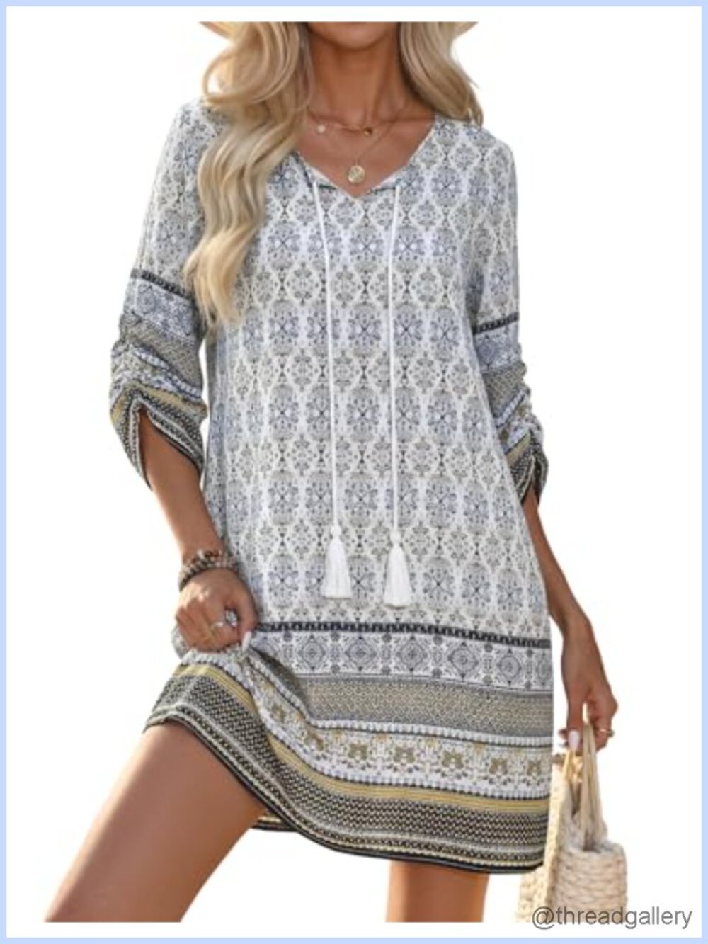 Boho Floral Print V-Neck 3/4 Sleeve A-Line Sundress Beach Coverup